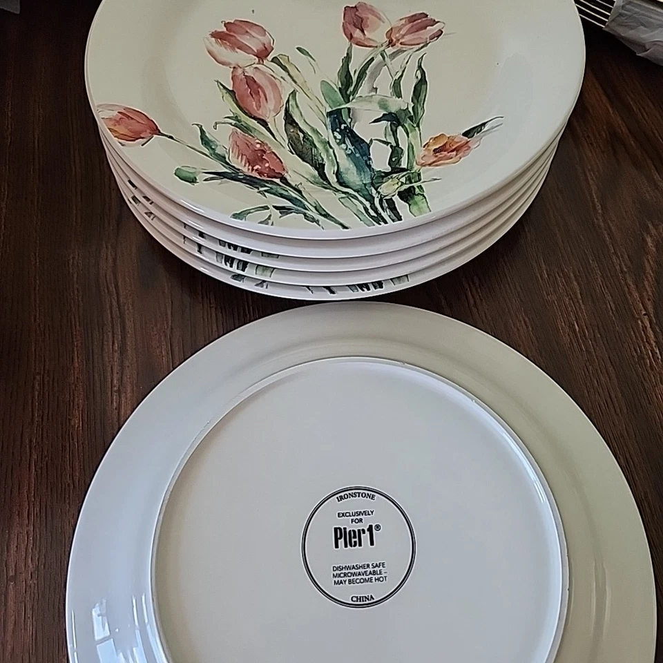 Pier 1 Imports Floral Tulip Ironstone 9" Salad Plate Set Of 6 Retired VGUC - Image 3 of 4