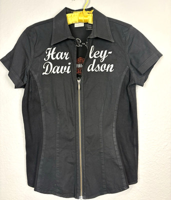 Harley Davidson Top Womens Medium Black Motorcycle Biker Wings Zip Up Shirt Y2k