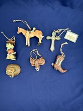 Western Cowboy Ornaments Set of 6 Boots Hat Saddle Horse Dog Cross Rustic