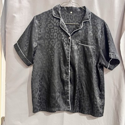 Leopard Jacquard Contrast Piping Satin PJ Shirt Size M TG2111 Retro Casual Y2K