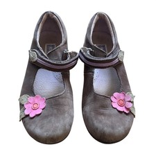L'Amour Girls Size 1 Brown Leather with Pink Flower Flat Heel Mary Jane Shoes