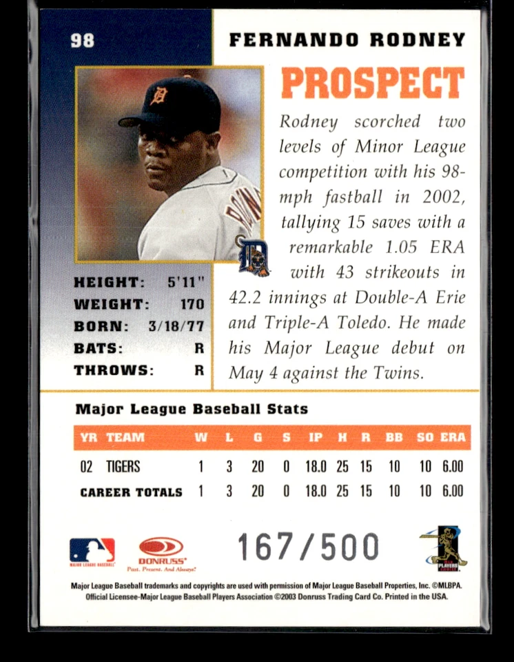 Fernando Rodney 2003 Donruss Champions Auto 167/500 - Image 2 of 2