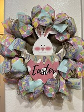 FARMHOUSE SPRING   Wreath Rustic BURLAP DECO MESH Egg 22" x 22" EASTER BUNNY