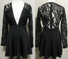 New TOBI Plunging Neckline Dress S Womens Sheer Lace Back Sexy Flirty Vegas Mini
