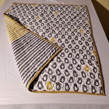 LAND OF NOD Yellow Gray Stripes Penguins Reversible Quilt Baby Comforter