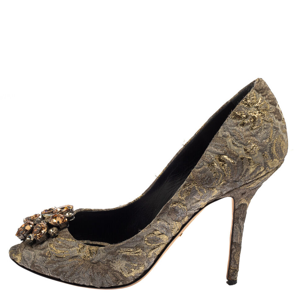 Dolce & Gabbana Grey Floral Print Brocade Fabric Bellucci Peep Toe ...