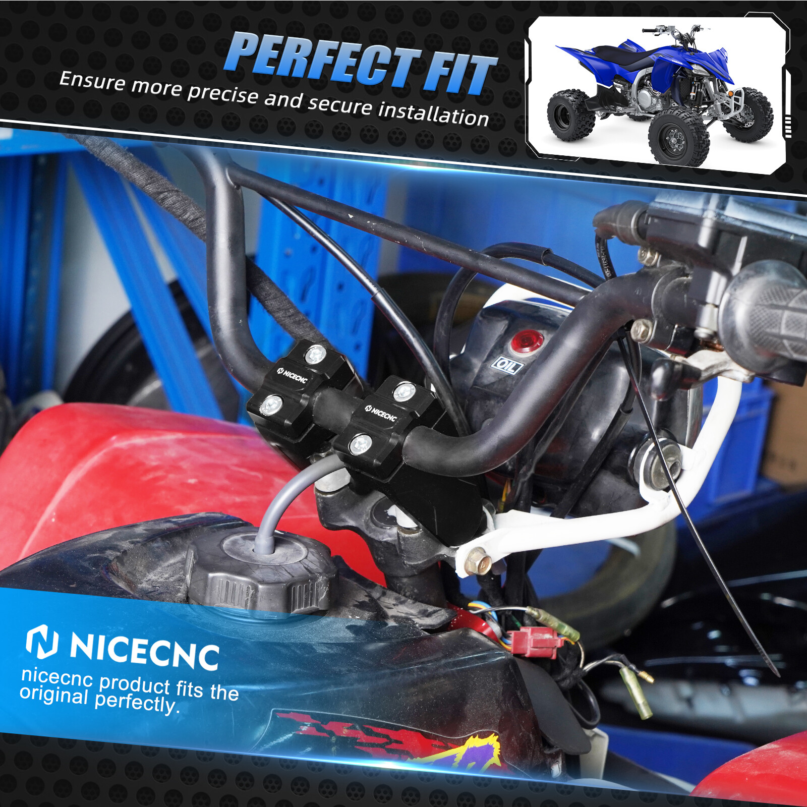 7/8" Handlebar Risers Adapter Mount Clamps For Yamaha Raptor 700 2013-2024 Black