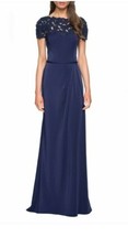 La femme, Bateau-Neck Short-Sleeve Jersey Column Gown w/ Laser-Cut Gown 6 D4864