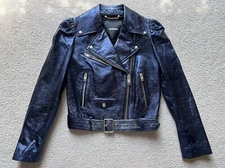 DIESEL Shimmering Metallic BLUE LEATHER CROPPED MOTO BIKER JACKET Coat Women’s S