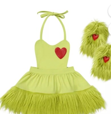 Grinch Dress Set Baby Girl 12-18M Christmas Romper Dress  & Leg Warmers
