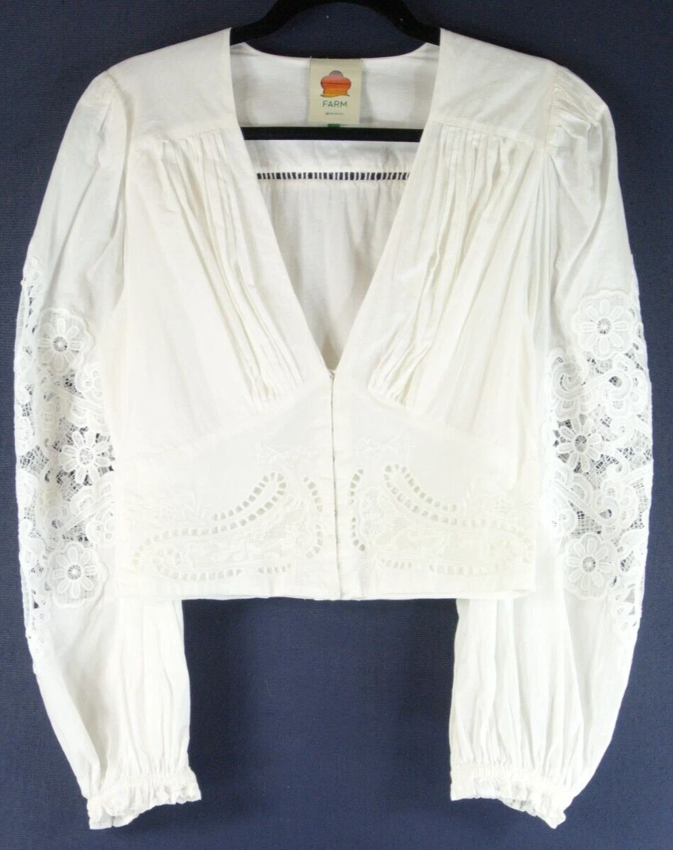 OFF WHITE Camicetta in pizzo bianco sporco nuova Farm Rio blusa in pizzo bianco sporco taglia S #T3001