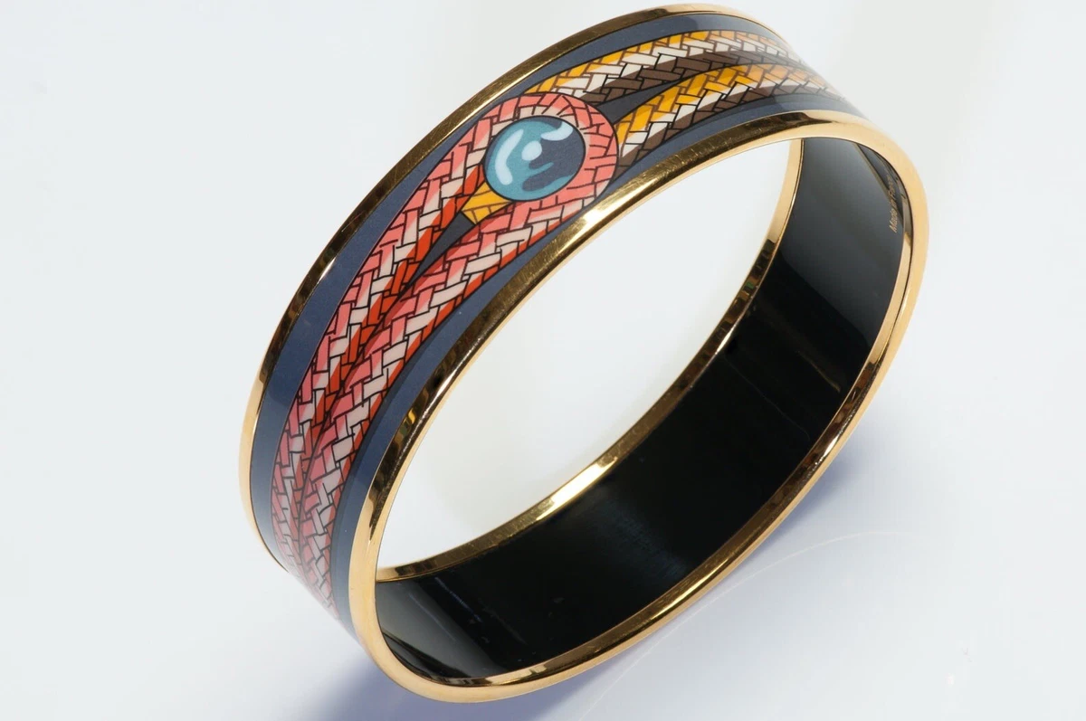 Hermes Paris Wide Gold Plated Gray Red Enamel Rope Bangle Bracelet