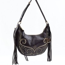 MICHAEL KORS RHEA  DARK CHOCOLATE LEATHER,GOLD STUDS,FRINGES,SLOUCHY ,CROSSBODY