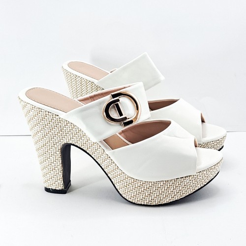 Wedges Platform Shoes Womens 6.5 Mules Open Toe Gold Buckle White Heels Slides - Picture 2 of 9
