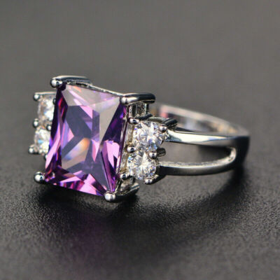 Elegant 925 Sterling Silver Amethyst White Topaz Wedding Engagement Ring Size 10