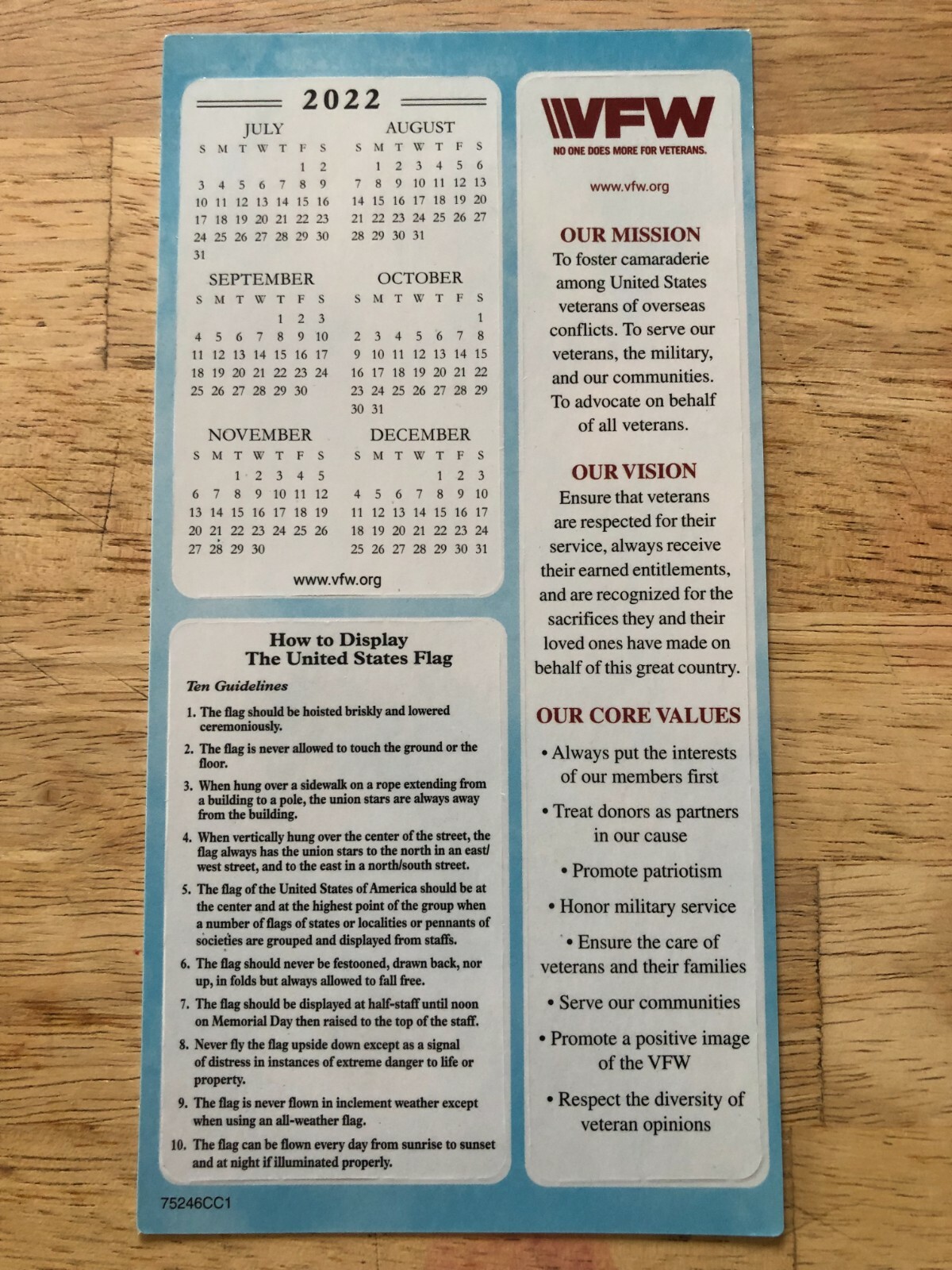 VFW 2022 Pocket Calendar Card, Bookmark, and Flag Rules Card eBay