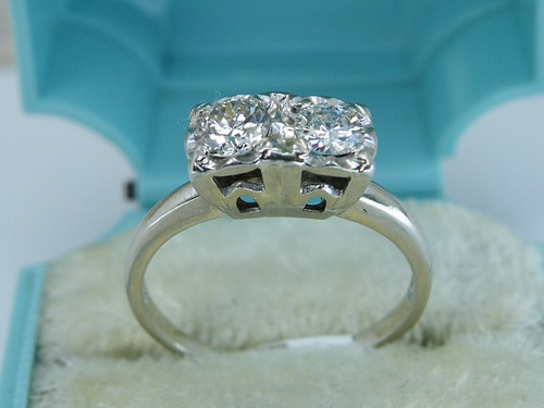 ANELLO DI FIDANZAMENTO oro antico 14 kt 1/2 ct due pietre petite diamante misura 4,75 SI 1-I - Foto 5 di 6