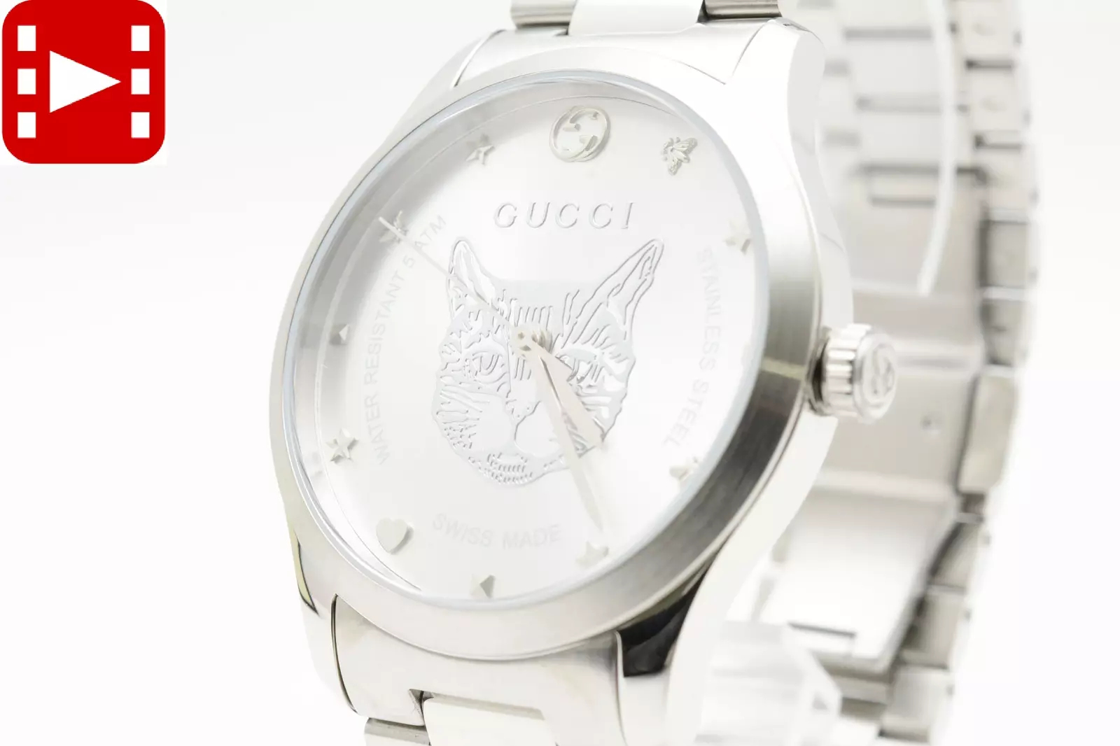 ?[EXCELLENT ÉTAT COMME NEUF avec boîte] Montre GUCCI G Timeless 126,4 Quartz Cat cadran argenté YA1264095