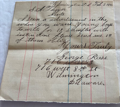 Handwritten Letter Signed George Reese Wilmington Delaware 1885 Papers Ephemera
