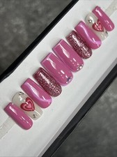 CUSTOM Hard Gel Press On Nails, Flower Pink Nude   BLING 10p FULL SET W Kit M