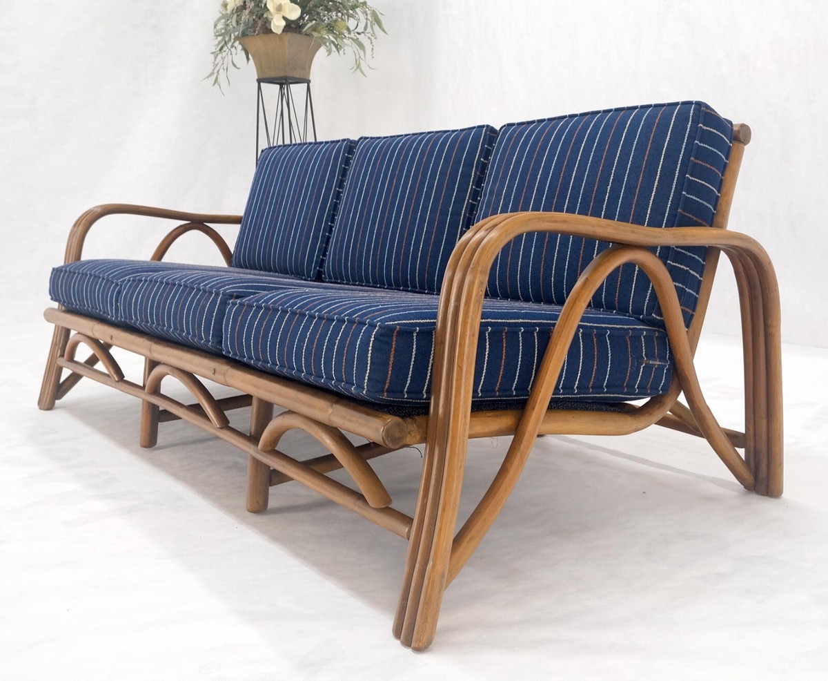 970s Striped Blue Upholstery Bamboo Frame Mid Century Modern