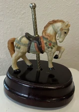 Vintage Musical Animated Carousel Horse on Wood Base Plays "It's a Small World"