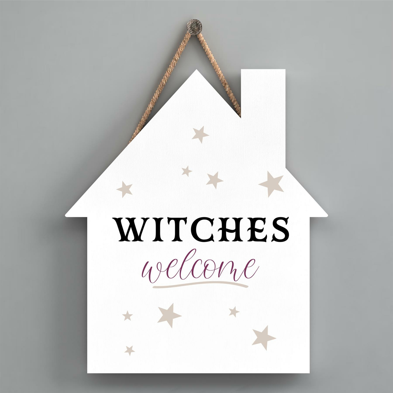 WITCHES WELCOME HOUSE SHAPED WITCHCRAFT THEMED HALLOWEEN WOODEN HANGING PLAQUE