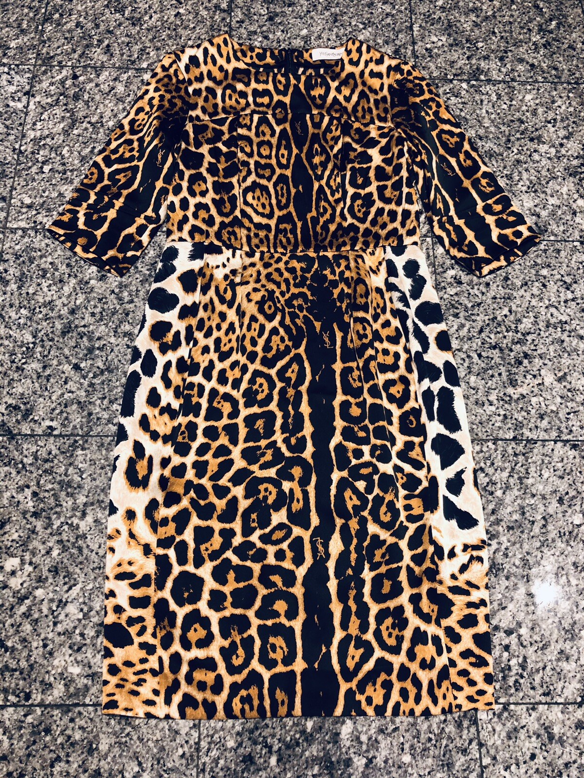 Abito Yves Saint Laurent YSL Paris 2010 marrone stampa leopardata 100% seta