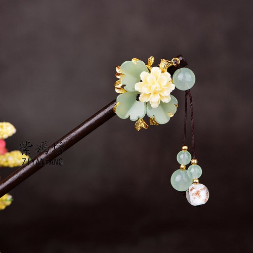 Forcina per capelli cinese donna Hanfu stick nappa perline passo frullato fiore diadema Kanzashi - Foto 2 di 12