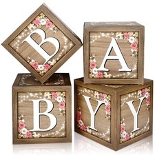 Baby Boxes with Letters for Baby Shower Rustic Floral Brown Baby Blocks Bear ...