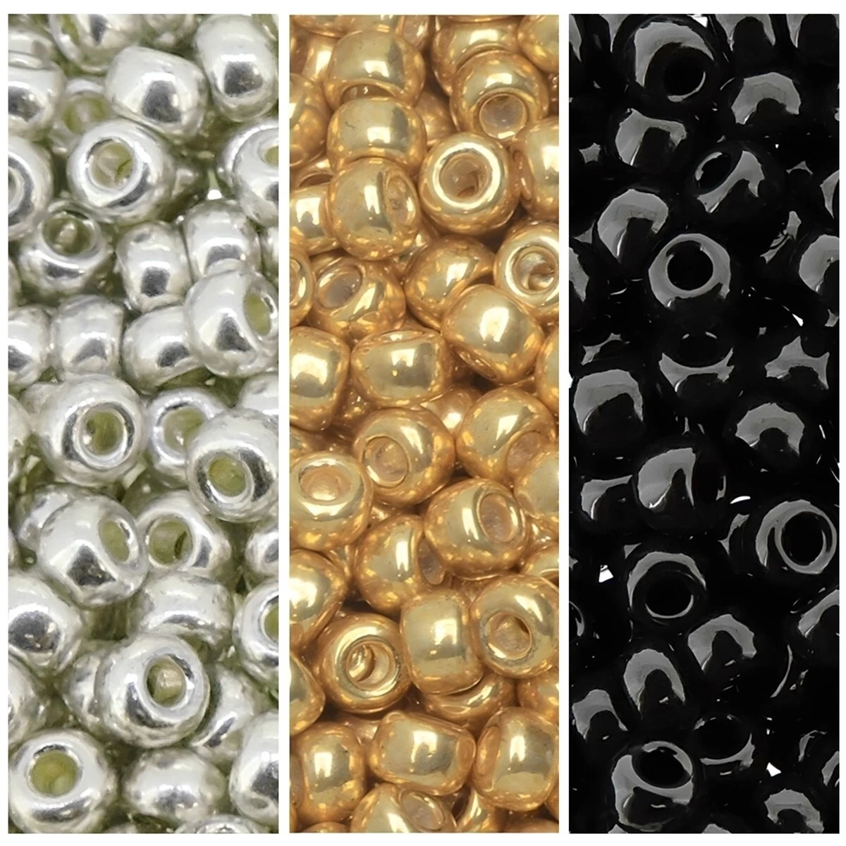 Miyuki Seed Beads Size 8/0, 66GM Combo: Galvanized Silver, Gold & Black 22GM ea