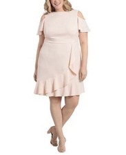 London Times Plus Size Blush Cold Shoulder Ruffle Knee Length Dress 20W