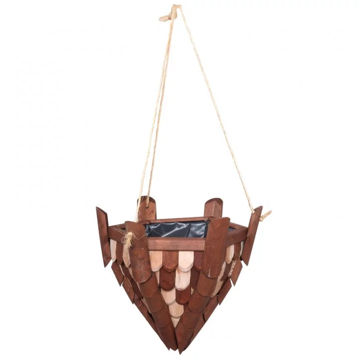 Jardinière bois suspendre 33 cm deco tuiles pot fleur blanc marron