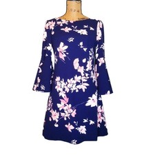 Eliza J Dress Blue with Pink & White Flowers Bell Sleeve size 4