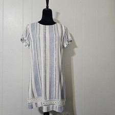 Lulus XS Blue White Striped Shift Dress Boho Lace Trim Short Sleeve