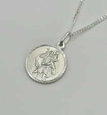 925 Sterling Silver St Christopher Pendant D/C Side Necklace 20 inch / 16mm