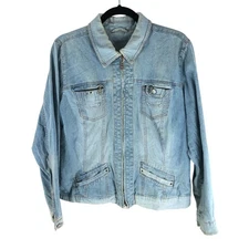 Womens Denim Jacket Vintage Retro Trucker Y2K Moto Full Zip Pockets Light Wash L