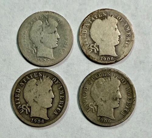 1906 - P, D, O and S Barber / Liberty Head Dimes. Circulated.
