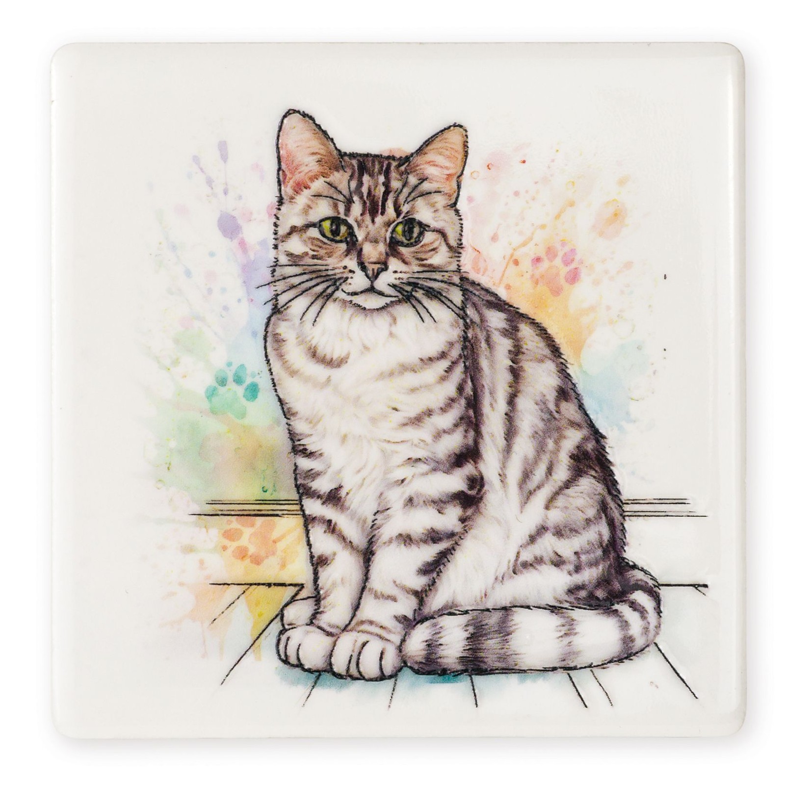 Silver Tabby Cat Ceramic Drinks Coaster - Arora
