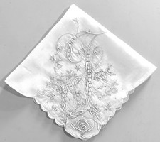 VINTAGE FLORAL INITIAL J EMBROIDERED HANDKERCHIEF, SCALLOPED EDGES, 13" SQUARE