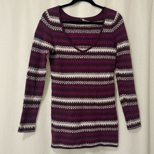 Free People Women's Purple Fair Isle V-Neck Long Tunic Sweater Dress Medium - Picture 2 of 5