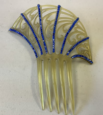 Art Deco Green Fan Hair Comb Blue Rhinestone's