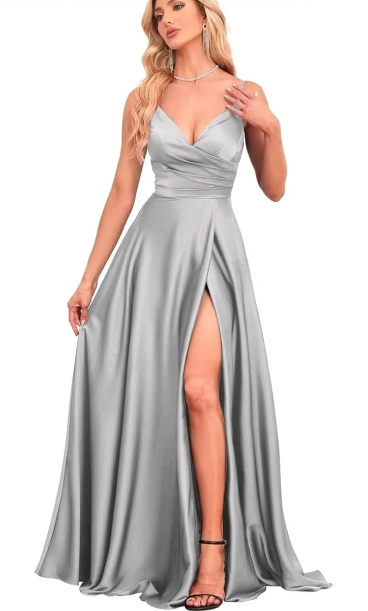 white christmas dresses Simple Silver Grey Spaghetti Straps Side Slit Long Bridesmaid Dresses ,  MRB0001 main image 0