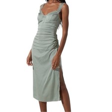 ASTR The Label - NWT Alva Ruched Lace Trim Midi Slip Dress Sage Green Sz S