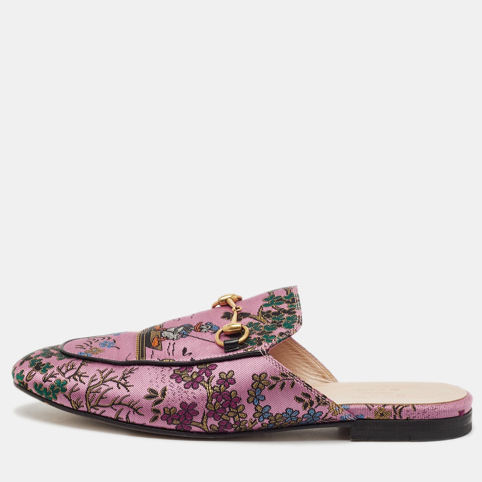 Gucci Black Pink Lace Leather Princetown Mules Size 38.5