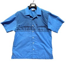 Vintage OP Ocean Pacific Men Medium Blue Palm Tree Hawaiian Shirt Hong Kong Made