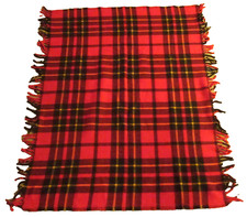 Vtg Faribo Stadium Blanket Red Plaid Throw Fringe Faribault Woolen Mill 50x45