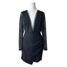 NWT ASOS Black Lace Deep V-Neck Bodycon Long Sleeve Knee Length Dress