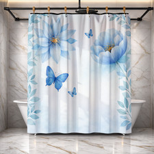 Elegant Blue Floral Butterflies Shower Curtain 72x72 Polyester Bath Decor