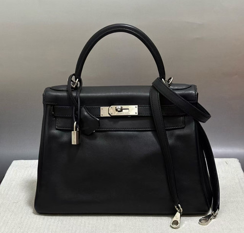 AUTH Hermès Kelly 28 Black Swift Leather Palladium Hardware Top Handle Bag